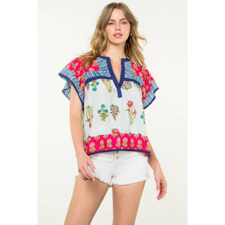 Logan Striped Floral Flutter Sleeve Top: MAGENTA