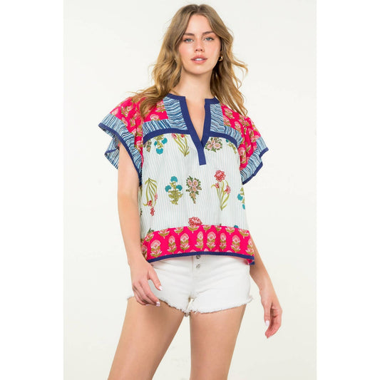 Logan Striped Floral Flutter Sleeve Top: MAGENTA
