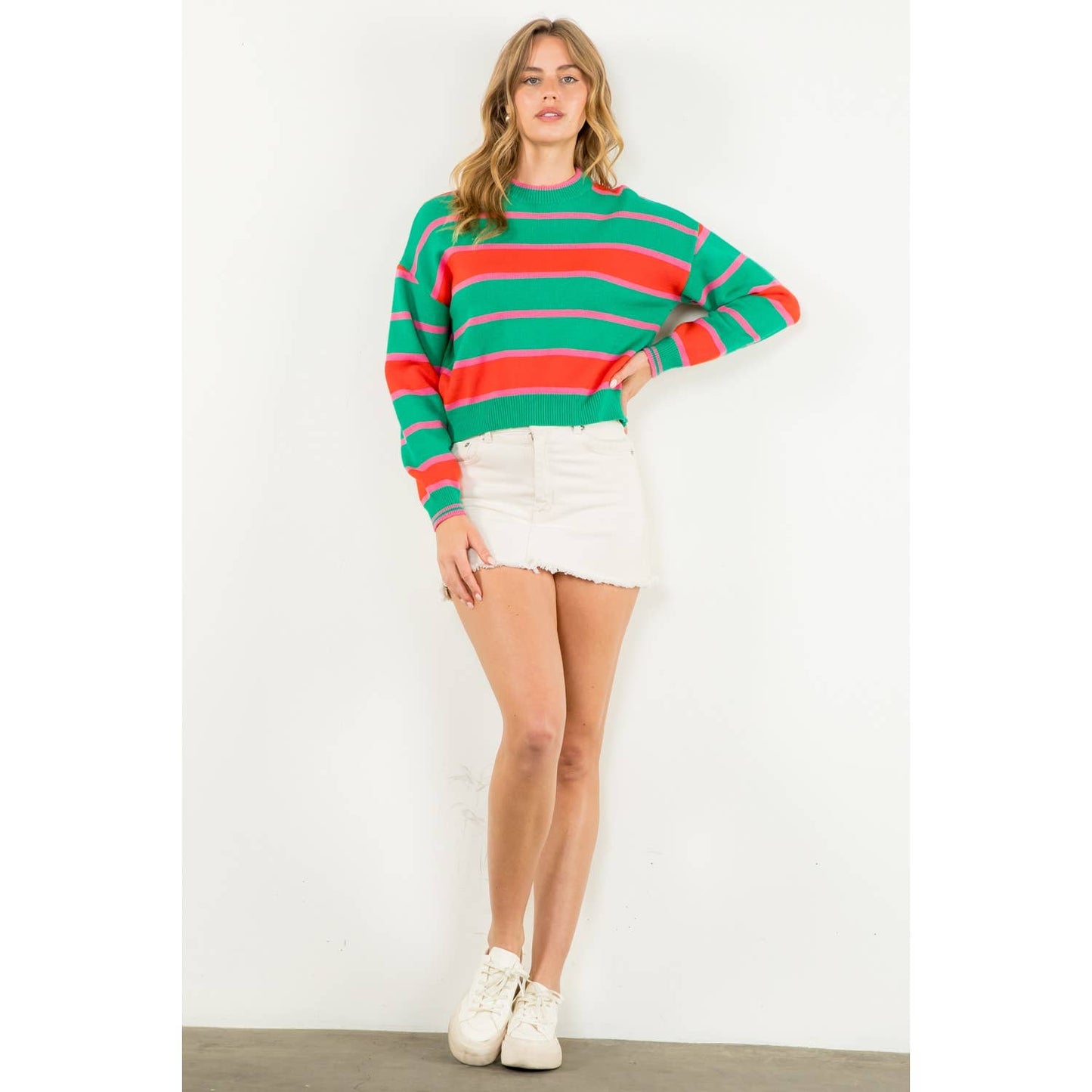 Striped Pattern Knit Sweater: GREEN