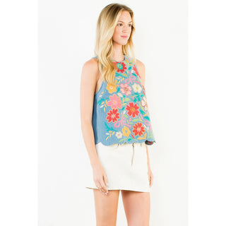 Sleeveless Denim Emb Top: LIGHT BLUE / XS-S-M-L(1-2-2-1)