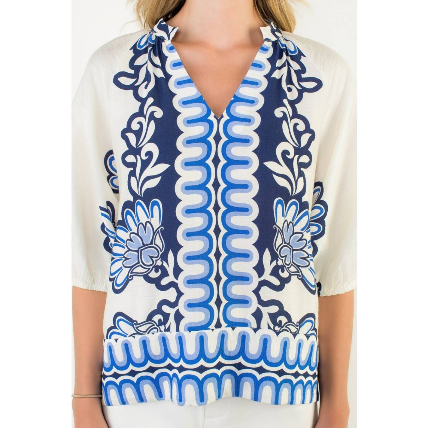 Skyland Flower Print Balloon Sleeve Top: BLUE