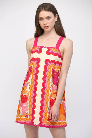 RIC-RAC TRIMMED WIDE SHOULDER STRAP FLORAL DRESS FD34165: IVORY MULTI / L