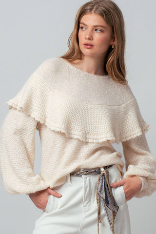 Ruffle Yoke Blouson Sleeve Knit Sweater: NATURAL / S-M-L:2-2-2