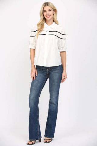 CONTRAST TAPE TRIMMED SHIRRED TOP FT25187: OFF WHITE / M