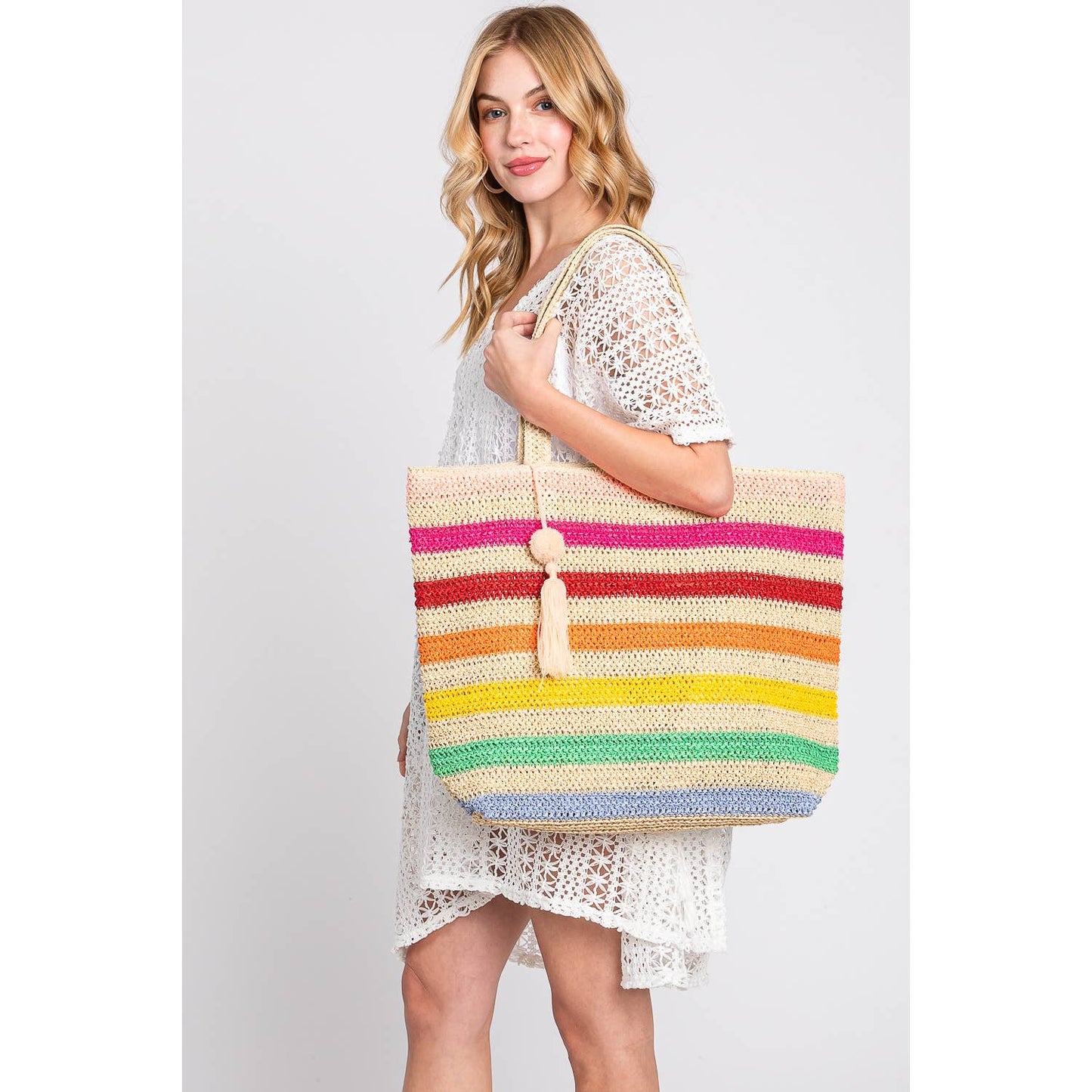 Pom Pom Tassel Multi Color Striped Tote Bag