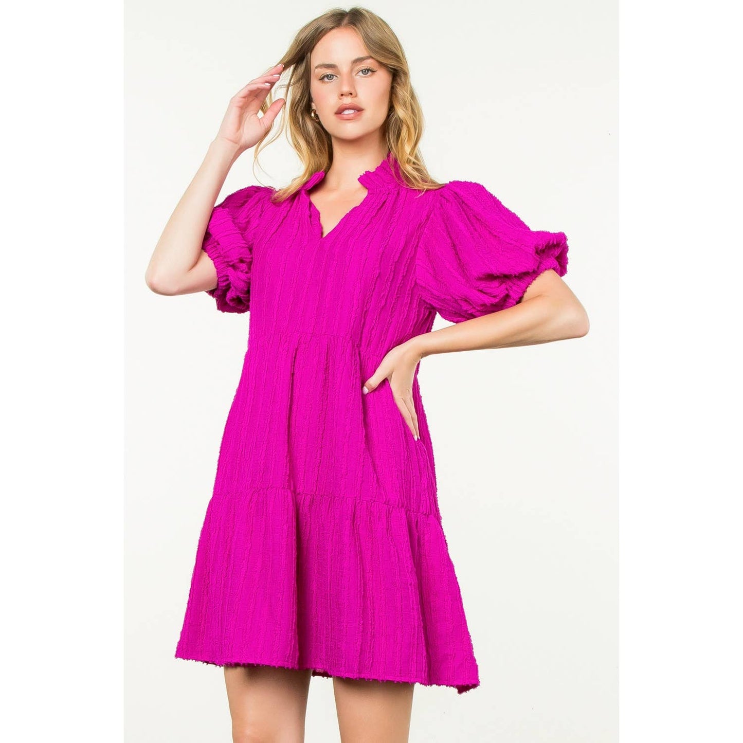 Stella Tiered Puff Sleeve Textured Dress