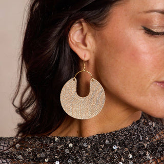 Beige Metallic Lattice Leo Leather Statement Hoop Earrings: Gold