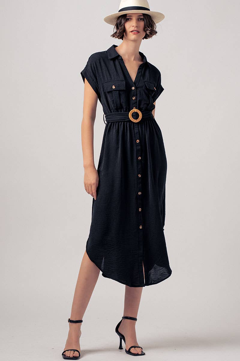 Stationary Icon Midi Shirt Dress: BLACK / S-2/M-2/L-2