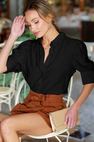 Collared Neckline Puff Short-Sleeve Blouse Top VT81707C: Taupe / M
