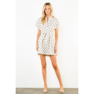Short Sleeve Polka Dot Dress: BEIGE / XS-S-M-L(1-2-2-1)