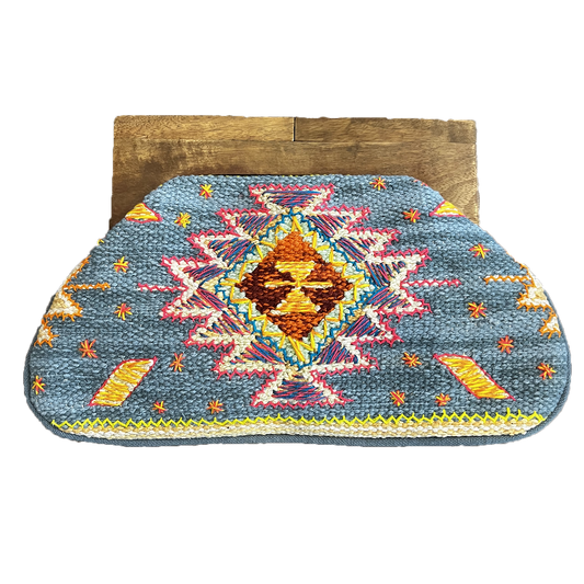 Embroidered Tapestry Cotton Wooden Handle Women's Clutch Bag