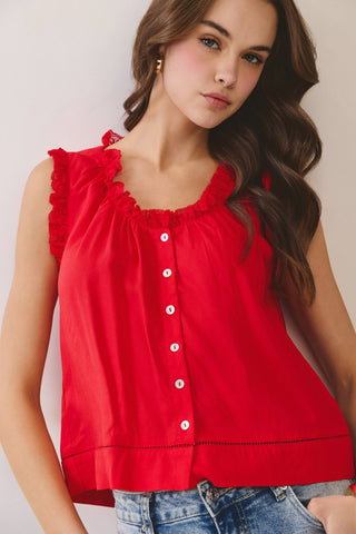 CT9933-Lace Trim Button Front Sleeveless Blouse: Red / L