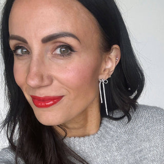 Silver Long Crystal Bow Drop Studs: Silver