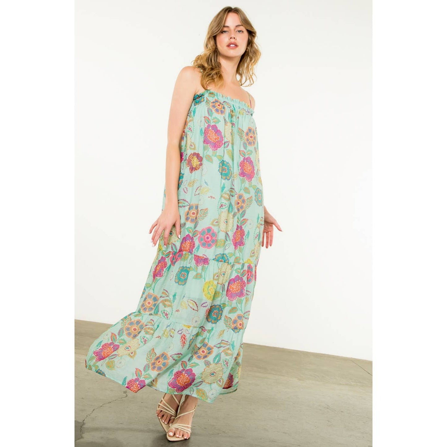 Ansley Strap Tie Floral Maxi Dress: MINT
