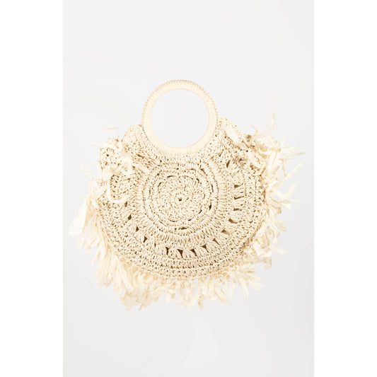 Round Straw Braided Fringe Bag: Ivory