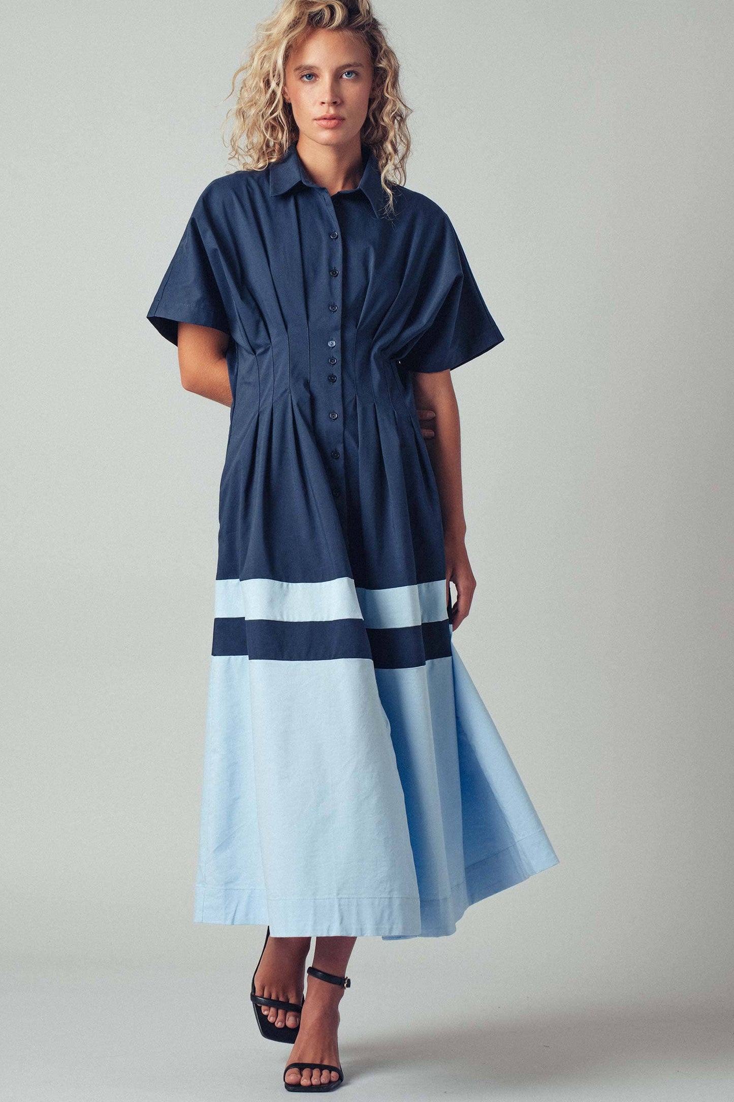 Colorblock Button-Up Cotton Midi Dress: CAMEL / S-2/M-2/L-2