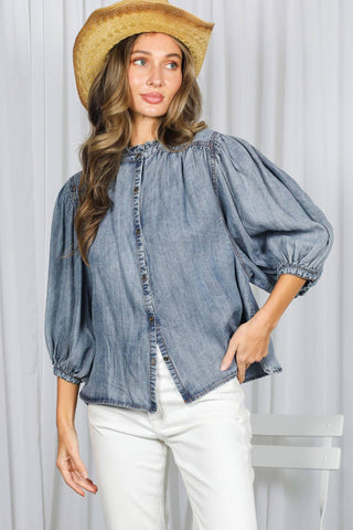 Ruffle Neck 100% Tencel Chambray Washed Denim Shirt VT83327: Washed Denim / L