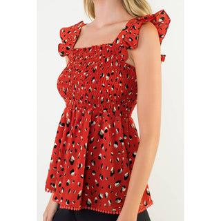 Game Day Red Smocked Ruffle Sleeve Top: RED