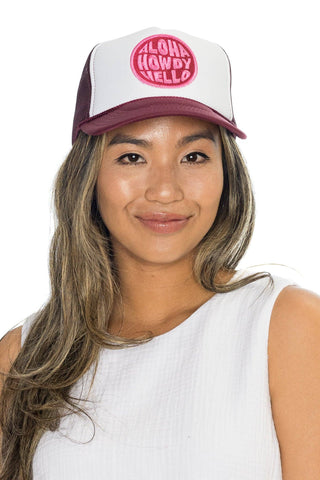 Aloha Howdy Hello Trucker Hat in Maroon Split: Maroon
