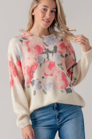 Oversized Floral Print Soft Knit Sweater: CREAM MULTI / SM-ML (3-3)
