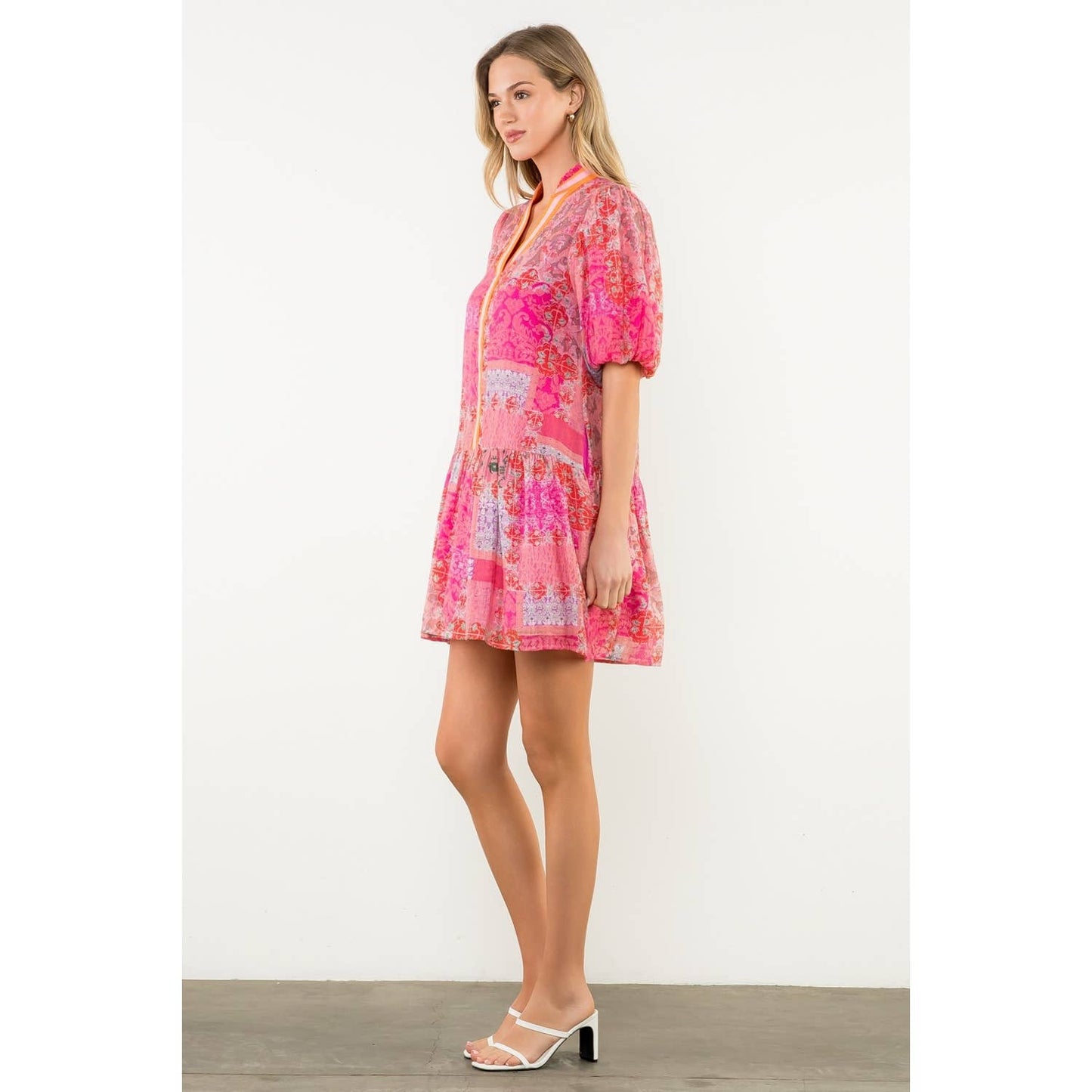 Puff Sleeve Multi Print Dress: PINK