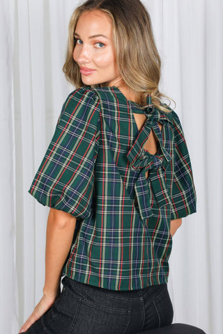 V-Back 2 Bow Accent Feminine Plaid Blouse Top VT82621A: Hunter Green / S