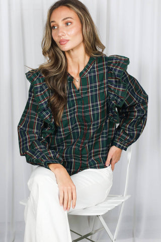 Madison Lace Trim Ruffle Accent Plaid Blouse