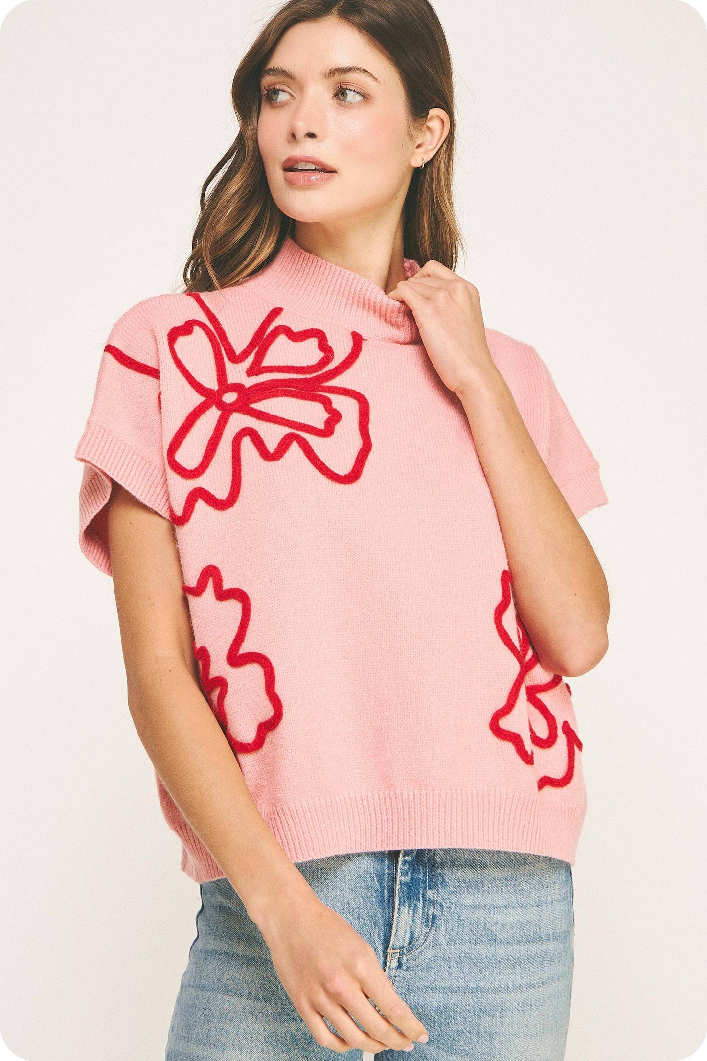 Claire Floral Embroidered Knit Top: Pink