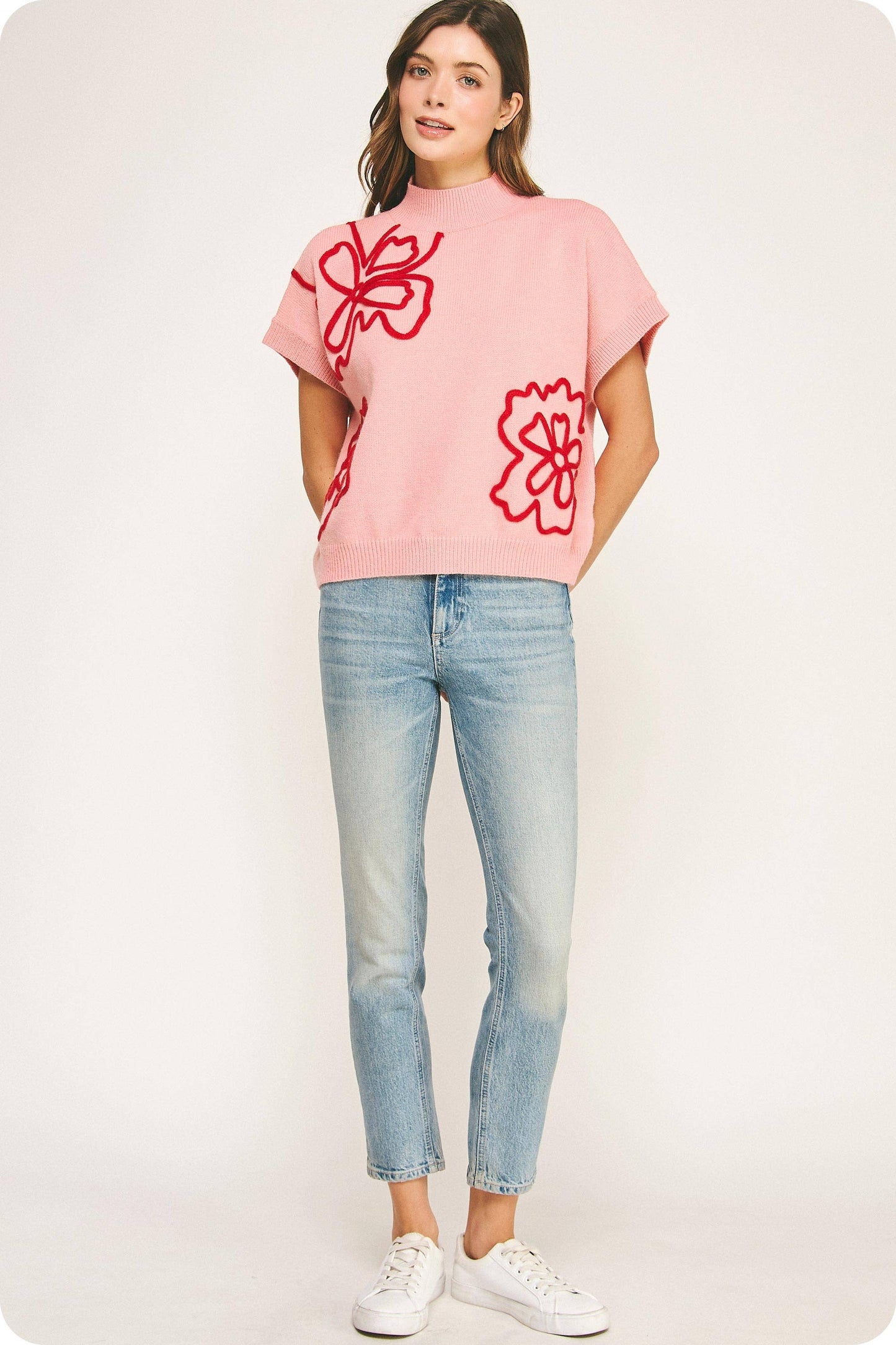 Claire Floral Embroidered Knit Top: Pink