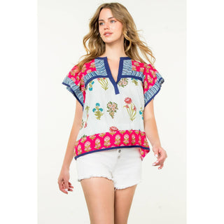 Logan Striped Floral Flutter Sleeve Top: MAGENTA
