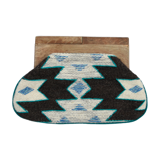 Blue Grey Geometric Pattern Wooden Handle Women's Clutch Bag