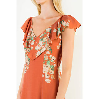 Ruffled Floral Dress: ORANGE / XS-S-M-L(1-2-2-1)