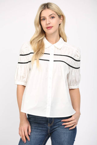 CONTRAST TAPE TRIMMED SHIRRED TOP FT25187: OFF WHITE / M