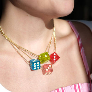 Aqua Blue Dice Charm Necklace: Gold