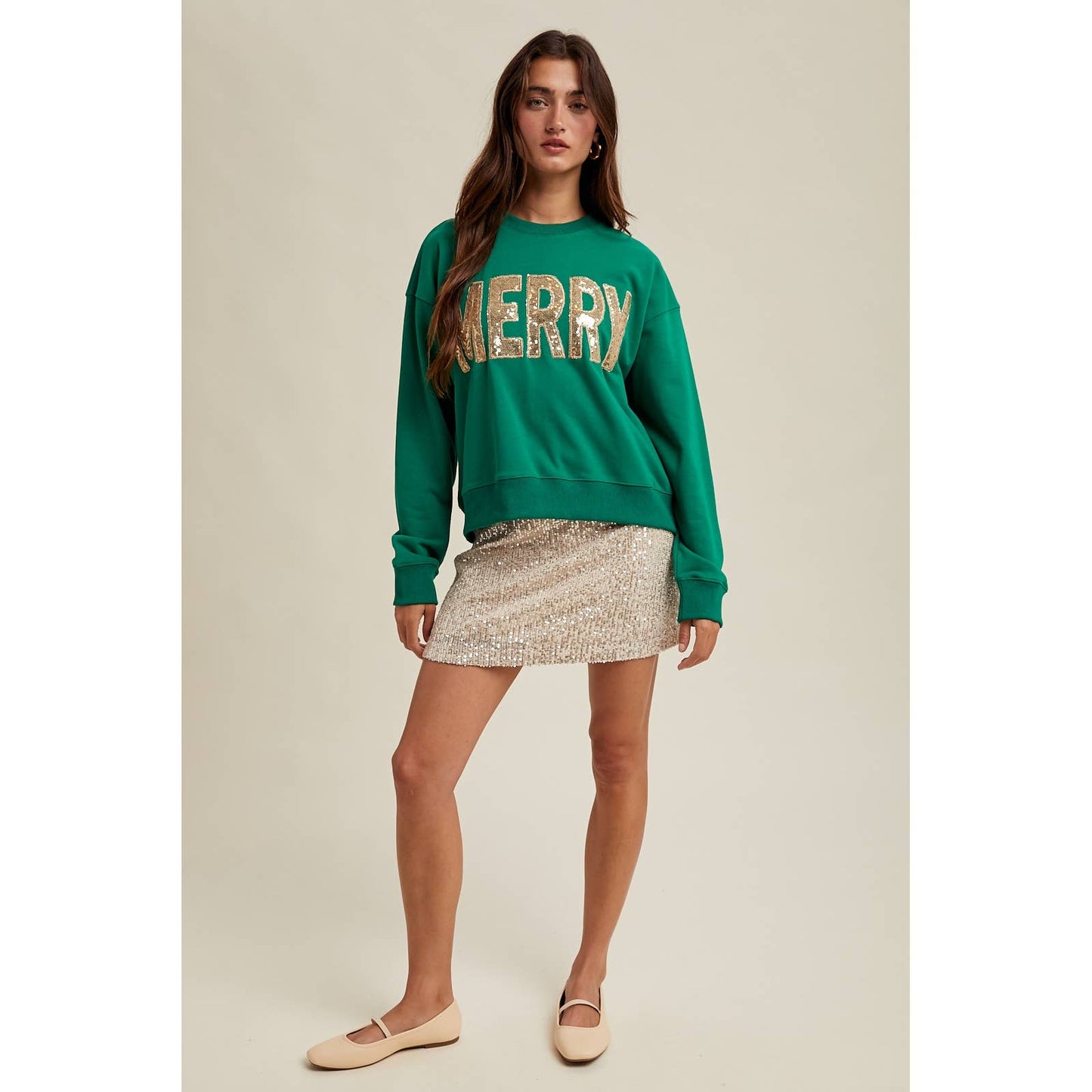 'MERRY' SEQUIN SWEATSHIRT / WL25-11086: GREEN/GOLD / S