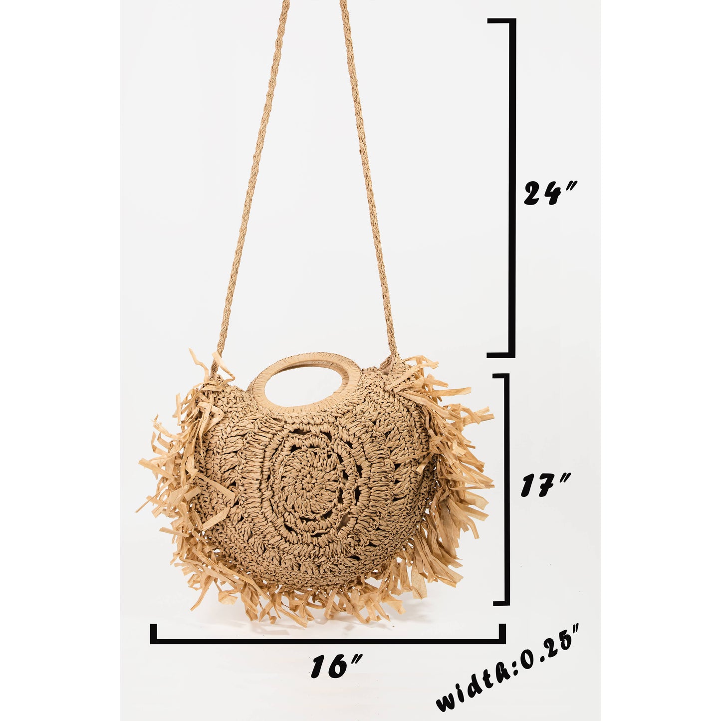 Round Straw Braided Fringe Bag: Ivory