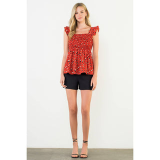 Game Day Red Smocked Ruffle Sleeve Top: RED
