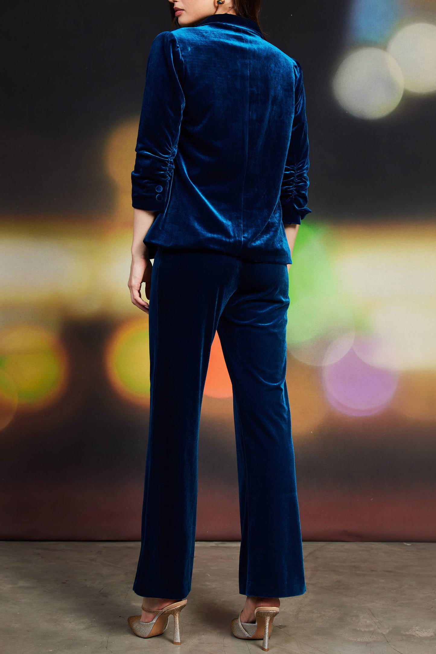 Velvet Blazer with Ruched Sleeves: Hunter Green / XS