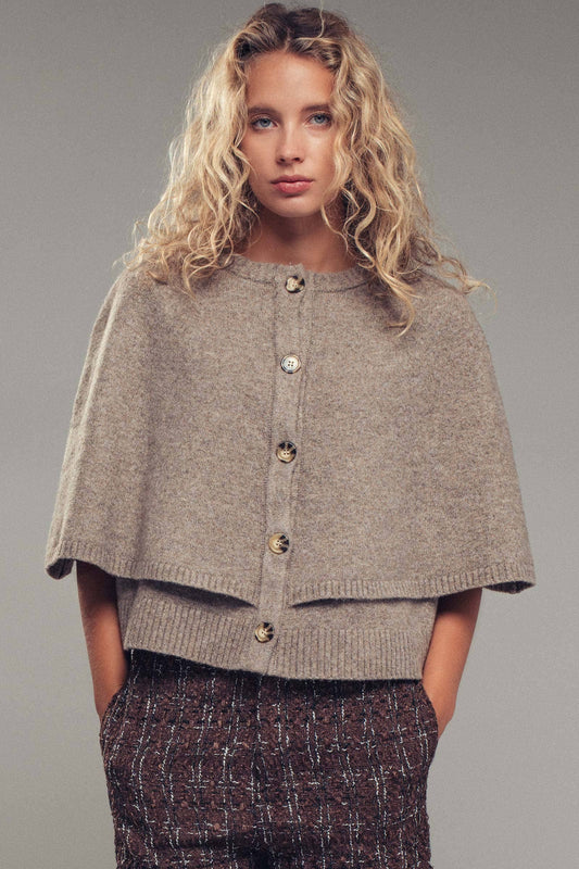 Chloe Button-Front Sweater Cape:Mocha