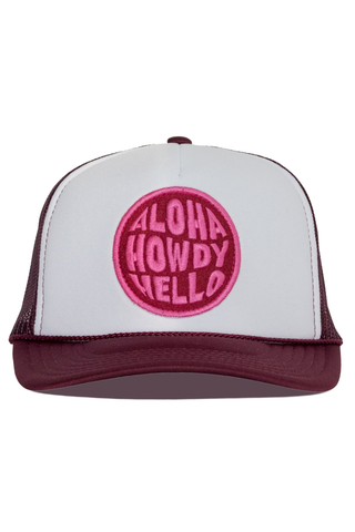 Aloha Howdy Hello Trucker Hat in Maroon Split: Maroon