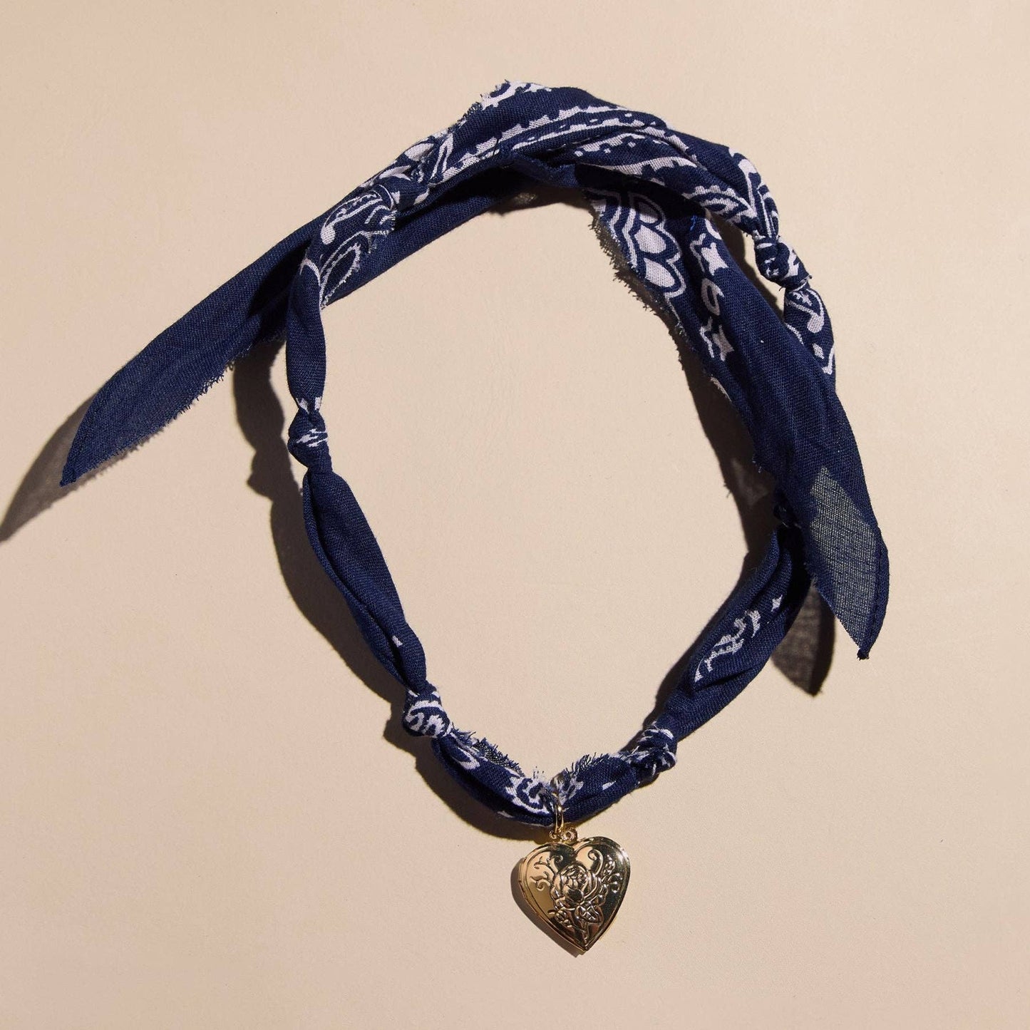 Navy Bandana Necklace: Silver Oversized Heart Charm / Navy