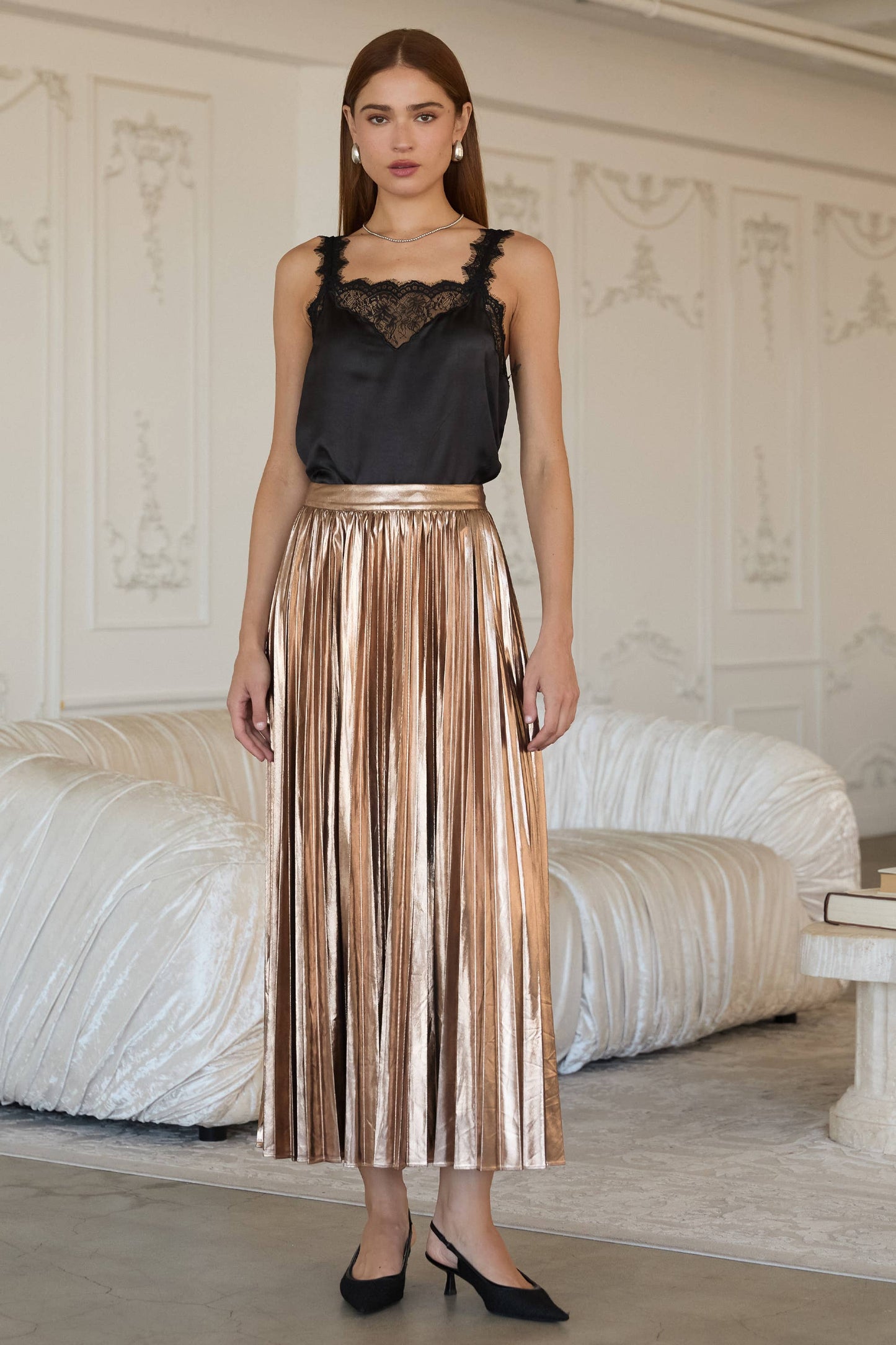 Metallic Pleated Maxi Skirt: Bronze / S