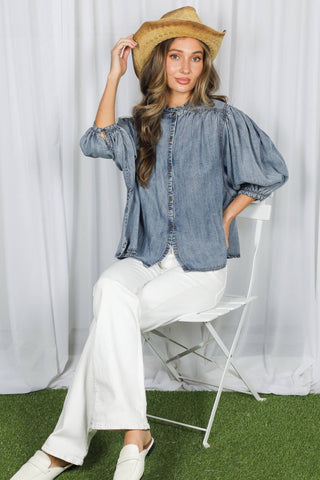 Ruffle Neck 100% Tencel Chambray Washed Denim Shirt VT83327: Washed Denim / M