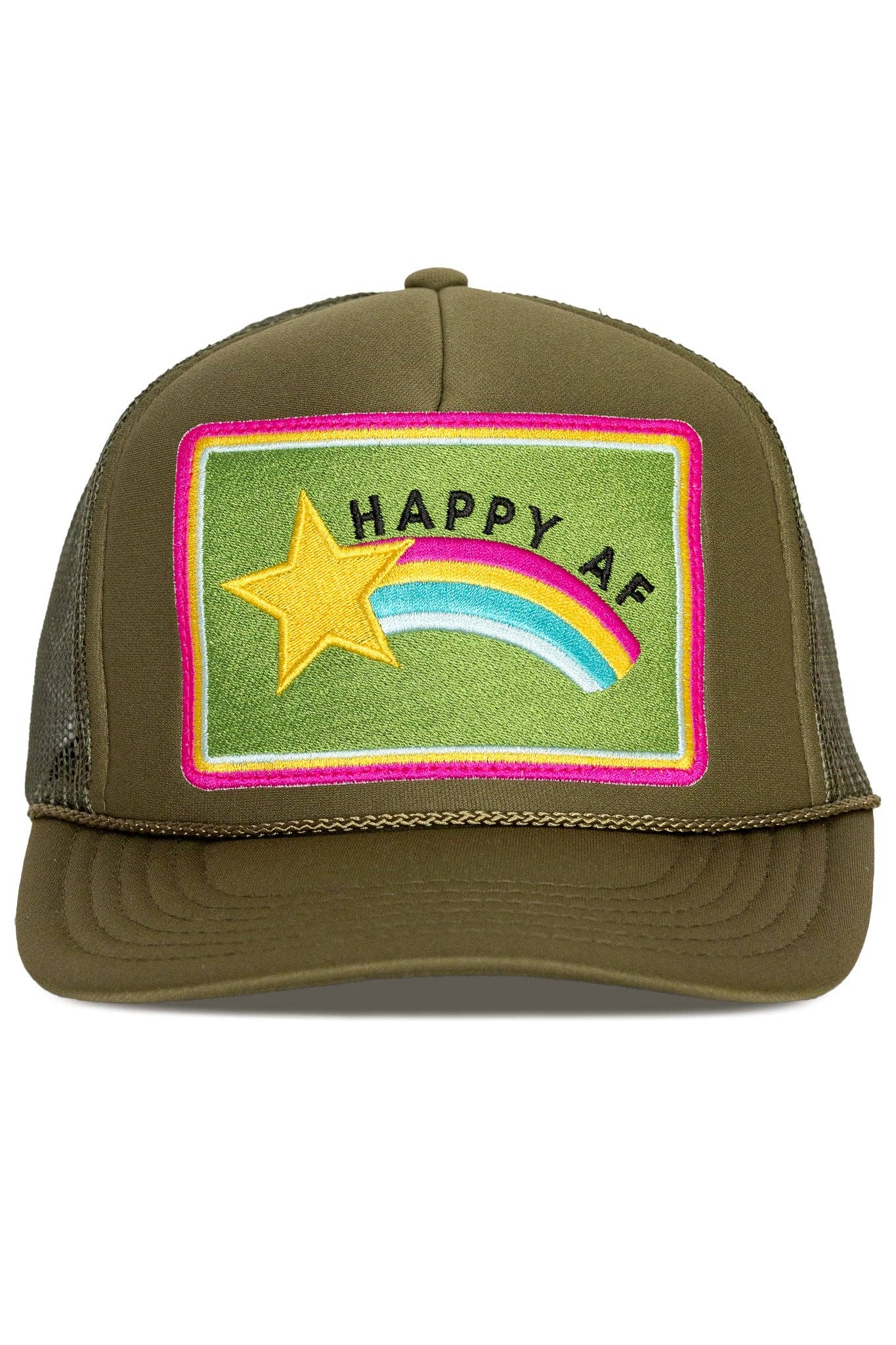 Happy AF Trucker Hat- Olive Green