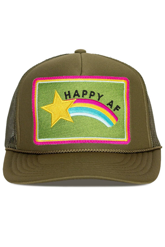 Happy AF Trucker Hat- Olive Green