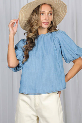 Back Bow Accent Feminine100%Tencel Chambray Top VT82621B: Light Denim / L