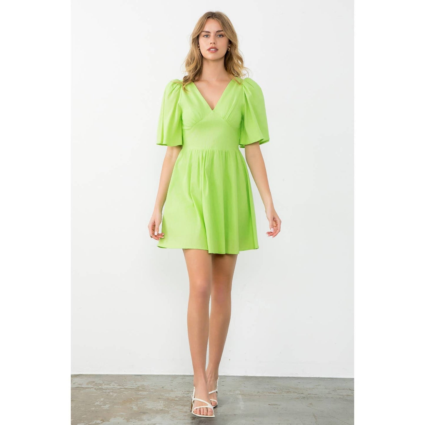 Avery Puff Sleeve V-Neck Solid Mini Dress: LIME