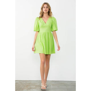 Avery Puff Sleeve V-Neck Solid Mini Dress: LIME