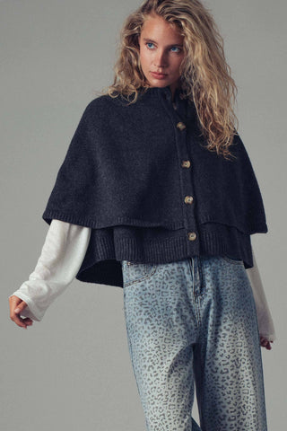 Chloe Button-Front Sweater Cape: CHARCOAL