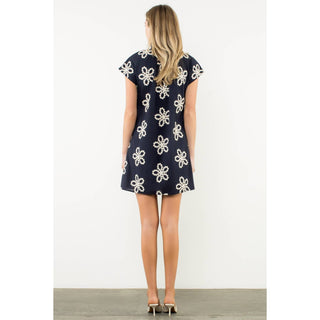 Fallon Embroidered Cap Sleeve Dress: NAVY